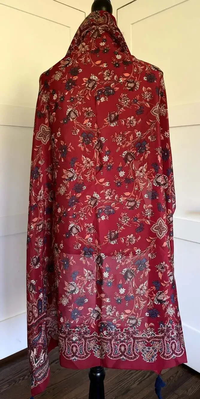 Lucky Brand 100% Silk Red Floral Paisley Tassel Wrap Scarf EUC